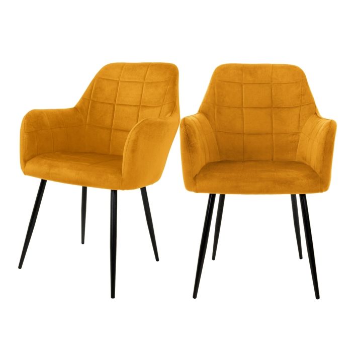 ECD Germany Set de 2x Chaises de Salle à Manger Ocre Style Moderne/Retro Dossier et Accoudoirs Rembourrée Aspect Velours Pieds en ECD Germany Set de 2x Chaises de Salle à Manger Ocre Style Moderne/Retro Dossier et Accoudoirs Rembourrée Aspect Velours Pieds en