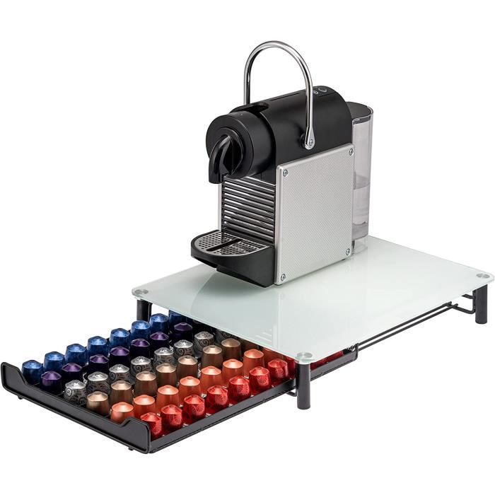 LIWIBoîte à capsules de café pour 60 boîtes à café Nespresso, tiroir, métal et plateau en verre
