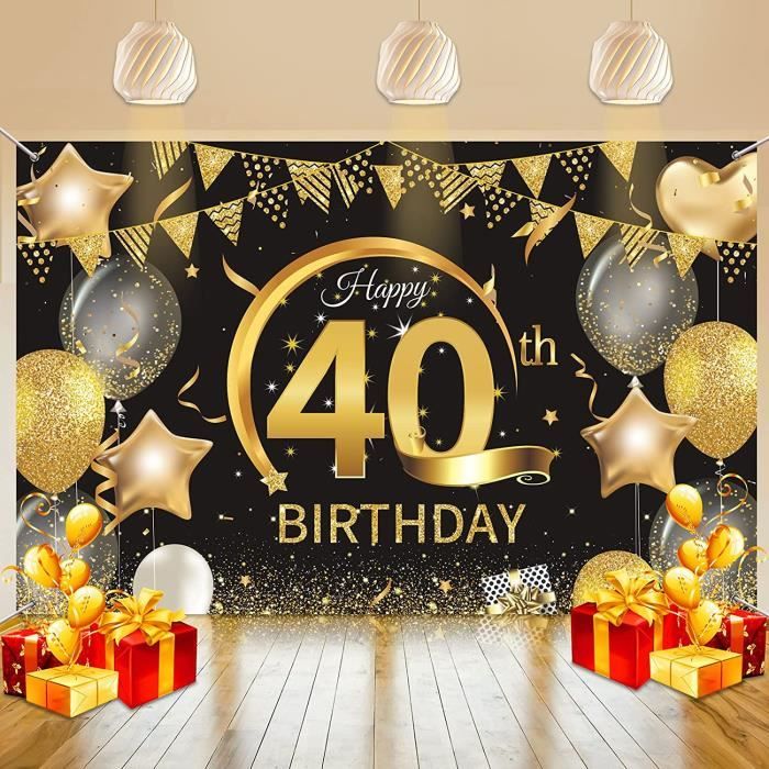 Bannière Joyeux Anniversaire 40 Ans Noir Et Or - 110x180 Cm - Décoration Fête Toile De Fond