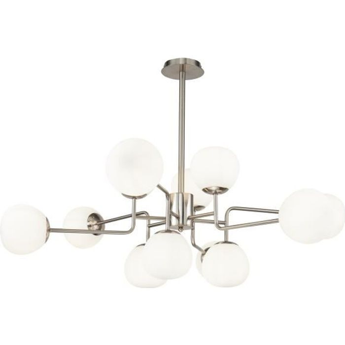 Suspension Lustre 12 lampes - Maytoni - Moderne Art Deco - Métal Nickel - Abat-jours verre blanc E14 non incl