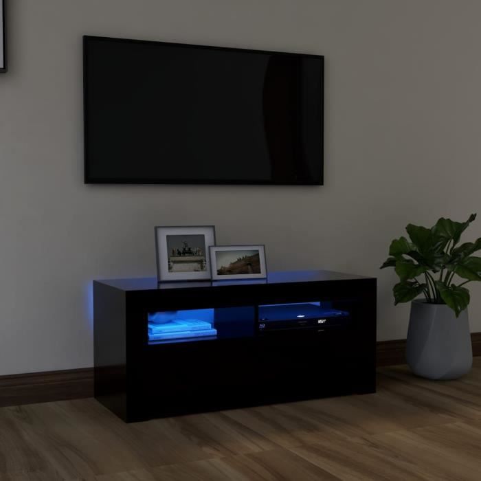 meuble tv bas sur pieds scandinave - table basse multifonction - avec lumières led noir 90x35x40 cm440