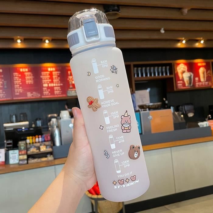 BLUEGO Bouteille D'Eau En Verre 700ML Avec 2 Couvercles - Gourde Réutilisable Tasse à Café Marqueur Temps Silicone Sans BPA - Olive