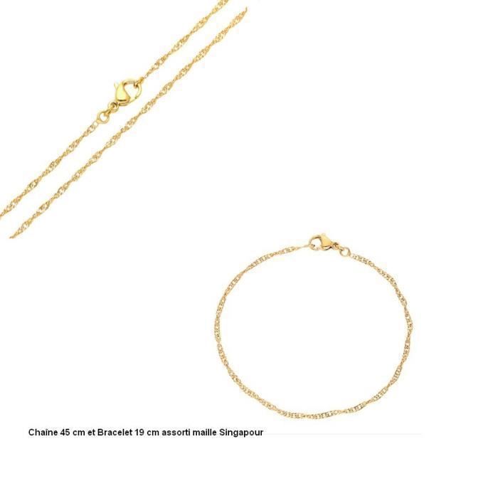 Parure Bijoux - Femme - Maille Singapour - Chaîne - 45 cm - Bracelet - 19 cm - Plaqué Or Jaune 750/1000 - 3 Microns - 2 Pièces