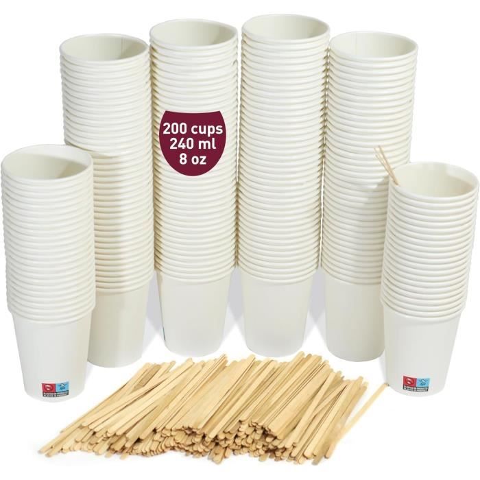 200 Gobelets Café Jetables 240ml + Agitateurs Bois - Carton Résistant - Blanc - Pour Bureau, Fête