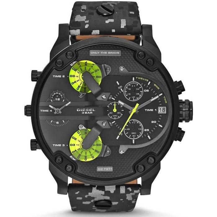 Diesel Montre D'Homme DZ7311 Cadran Noir Chronographe Double Zone Bracelet Cuir Camouflage Gris