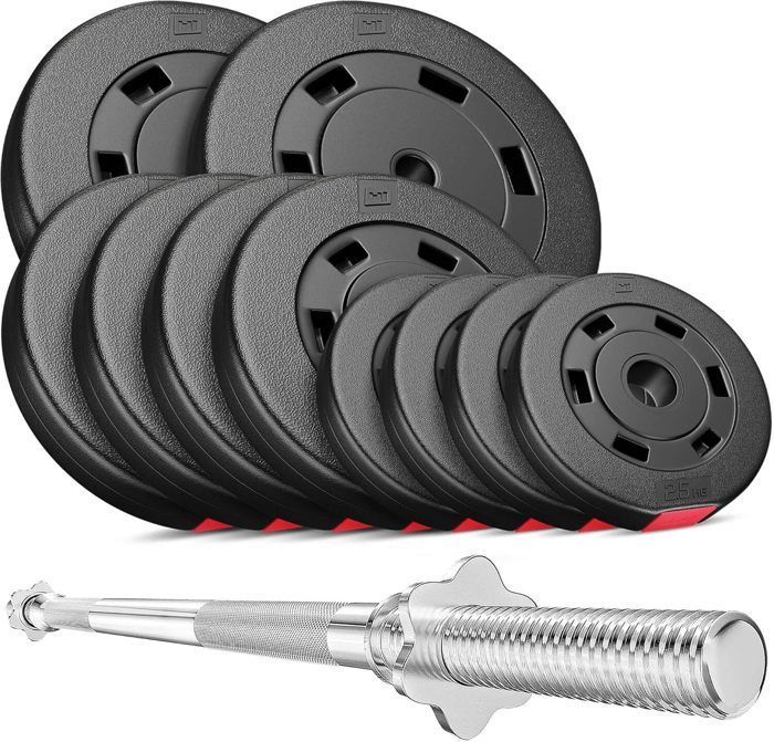 Set D'haltères Hop-Sport 75 Kg – Barre Longue, EZ Curl Et 2 Courtes – Disques 10/5/2.5/1.25 Kg
