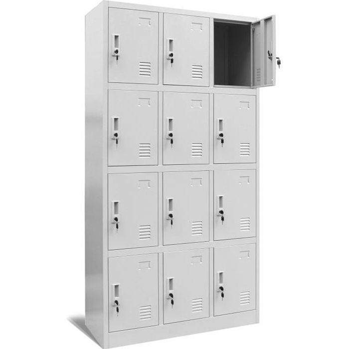 Armoire vestiaire 3B4A Armoire Métallique Casier 12 compartiments en tôle dacier thermolaquée 185 cm x 90 cm x 40 cm Gris