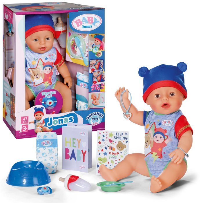 Poupon - BABY BORN - Jonas - 10 fonctions réalistes - 10 accessoires - Bleu et Rouge - 43cm - Dès 3 ans