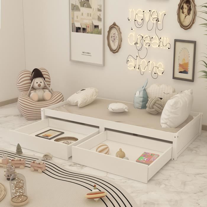 Merax Lit Simple 90x200cm Avec étagères Et Compartiment, Cadre En Métal