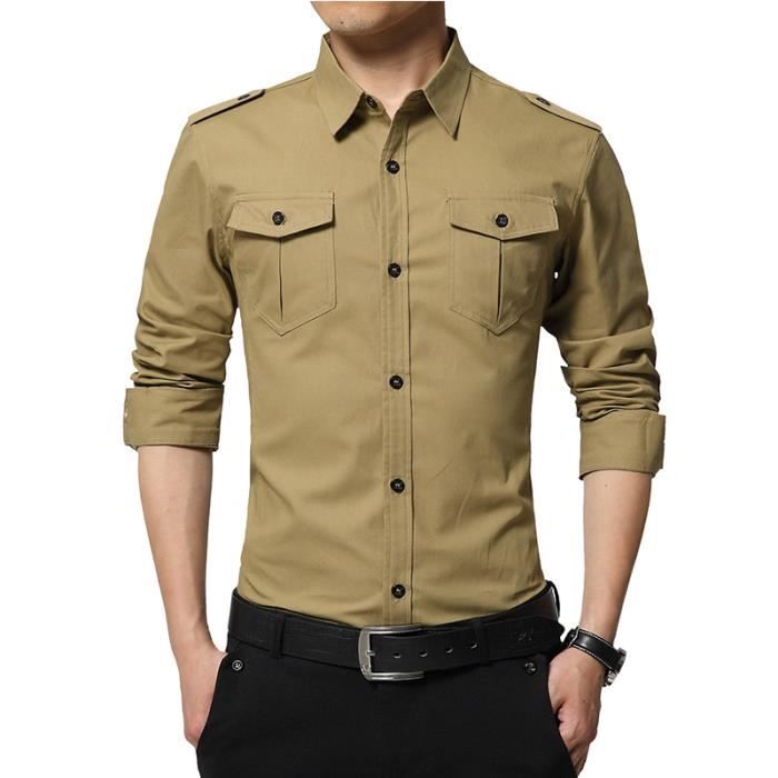 Chemise Homme Chemise Cargo Militaire Style Manches Longues pour Hommes Coupe ajustee Couleur unie Chemise Kaki