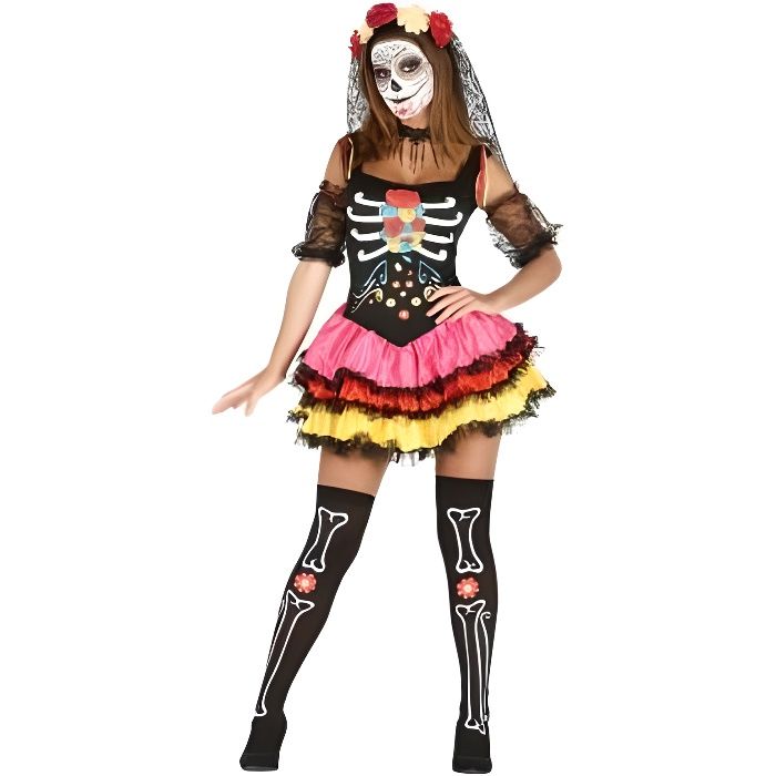 Short femme LE JOUR DES MORTS Senorita Squelette Costume Halloween Robe Fantaisie 