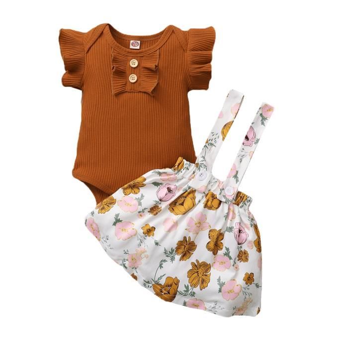 Ensemble Vêtement Bébé Fille été – Barboteuse Sans Manches + Jupe + Bandeau + Ceinture – Taille 3-24 Mois – Rose/rouge