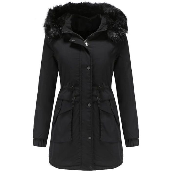 Femme Parka Capuche Fausse Fourrure Hiver Double Polaire Veste Mi-longue Epaisse Chaude Couleur 