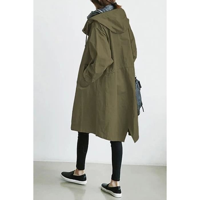 Trench-Coat Long pour Femme Trench Couleur Unie Coupe-Vent Printemps Automne Manteau à Capuche Imperméable d'Extérieur Vert