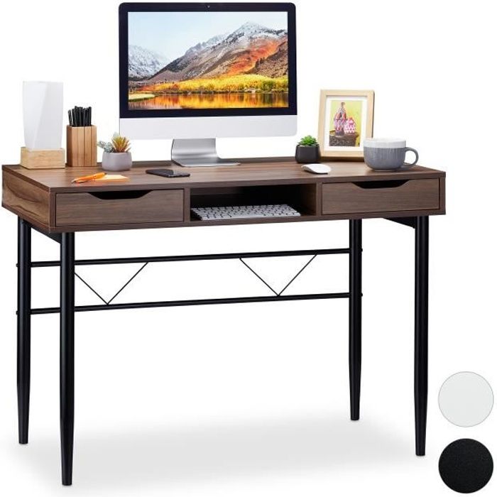 relaxdays bureau avec tiroirs et étagère, moderne, cadre en métal,table de bureau hlp 77x110x55cm,brun/noir - 4052025932848