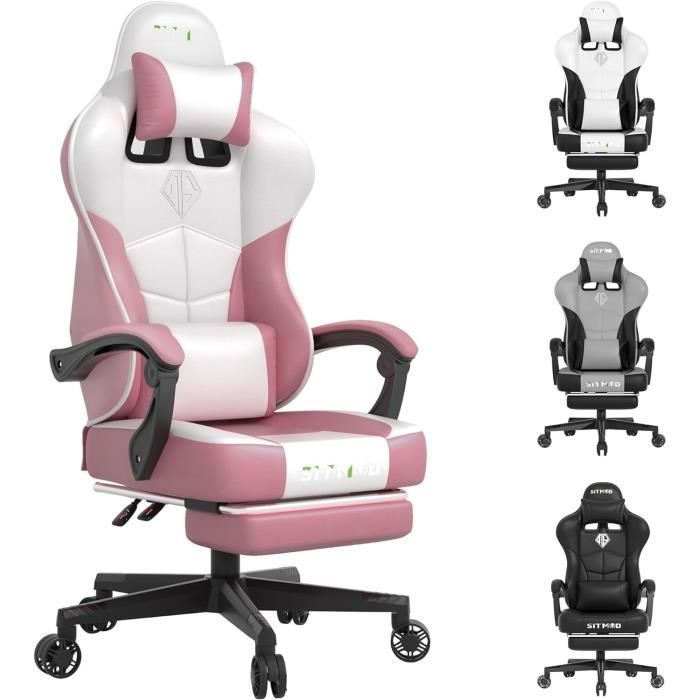 Chaise Gamer Ergonomique GTPLAYER – Appui-tête, Coussin Lombaire, Repose-pieds Et Pivotante, Couleur Blanc
