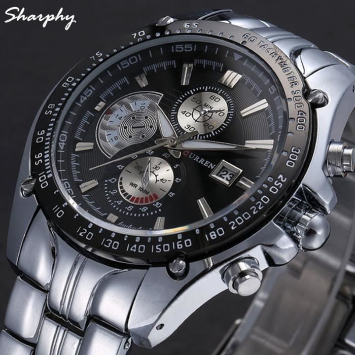 SHARPHY Mode Montre Homme Acier inoxydable analogique Date de montre à  quartz Cadran noir bracelet en argent - Cdiscount Bijouterie