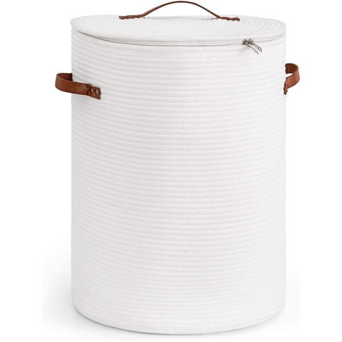 VORHOT Panier à Linge Sale En Coton Tissé 53L - Corbeille Boho Avec Poignées, Grand Panier Rangement Salle De Bain, Buanderie Ou Chambre D'Enfant, 38x46cm