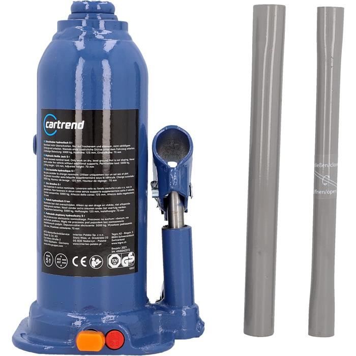 Cric Idraulico A Bottiglia CARREND 5 Tonnellate - Per Auto, Altezza Min 207 Mm, Max 402 Mm, Sollevamento 125 Mm