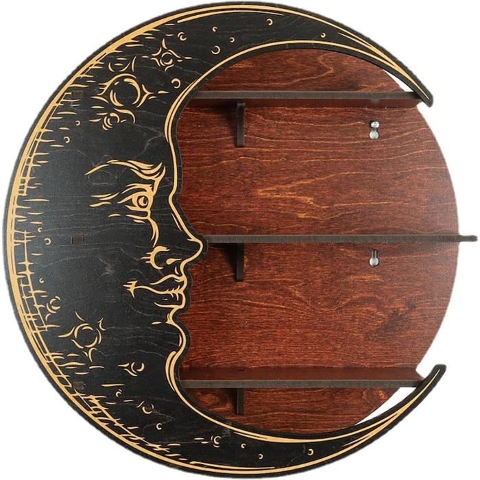 Étagère Murale En Bois Motif Fleur De Lotus Et Lune, Présentoir à Cristaux Et Pierres, Déco