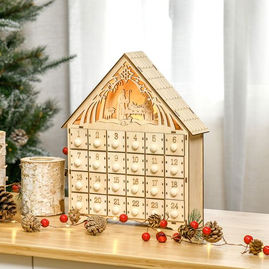 Calendrier De L'Avent - HOMCOM - Lumineux - 24 Tiroirs - Scène De Village - En Bois - 36x10x34cm - Bois Naturel - Maison