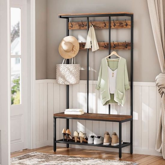 Meuble D'entrée 2-en-1 Avec Portemanteau Et étagères - Design Industriel Marron/noir - Rangement Chaussures Et Manteaux
