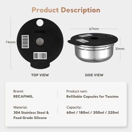 Dosettes Nespresso Acier Inox 3 Capsules Café Réutilisables RECAFIMIL - Compatibles Nespresso - Acier Inoxydable + Presse Et Autocollants Capsules écologiques Presse