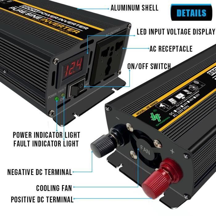 Onduleur Voiture 12V/24V Vers 220V | 3000W-6000W | Sinusoïdale Pure 50Hz | Prise EU + USB | Protections Multiples - 4