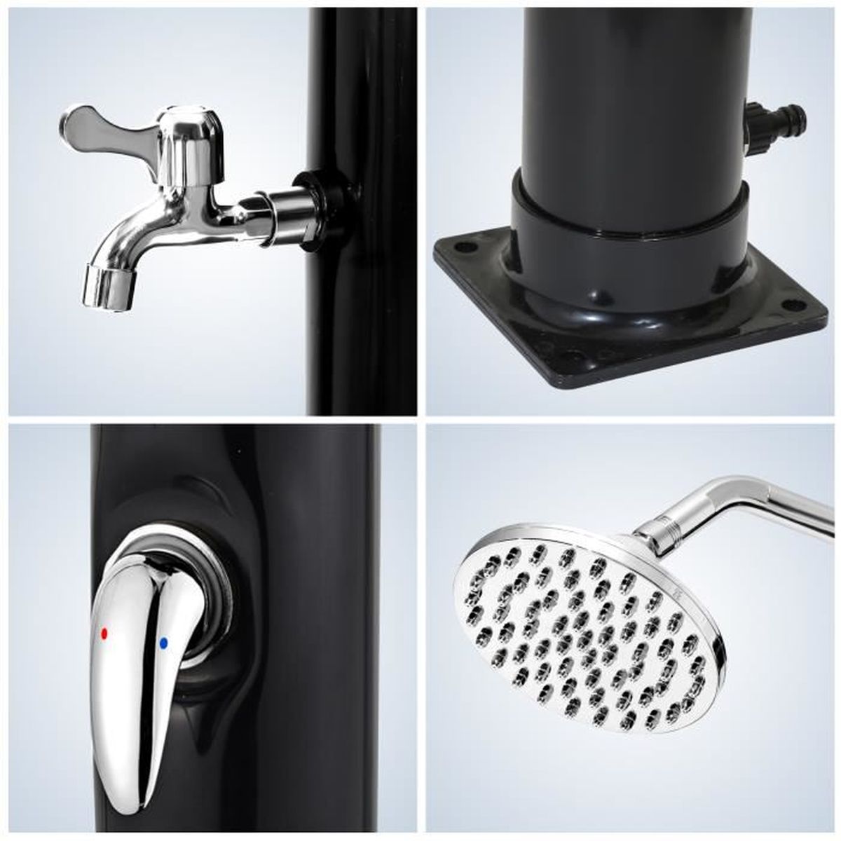 Élement de sol inclus avec douche de pied AREBOS douche solaire| 35 L incl.Capot de protection |avec thermomètre intégré 216cm pommeau de douche rond avec matériel de montage |Argent -Noir 