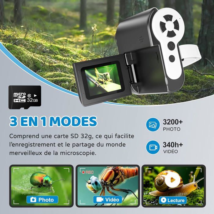 Microscope Numérique Portable Pour Enfants - 1000x Grossissement, écran 2", Carte SD 32 Go, Idéal 7-12 Ans