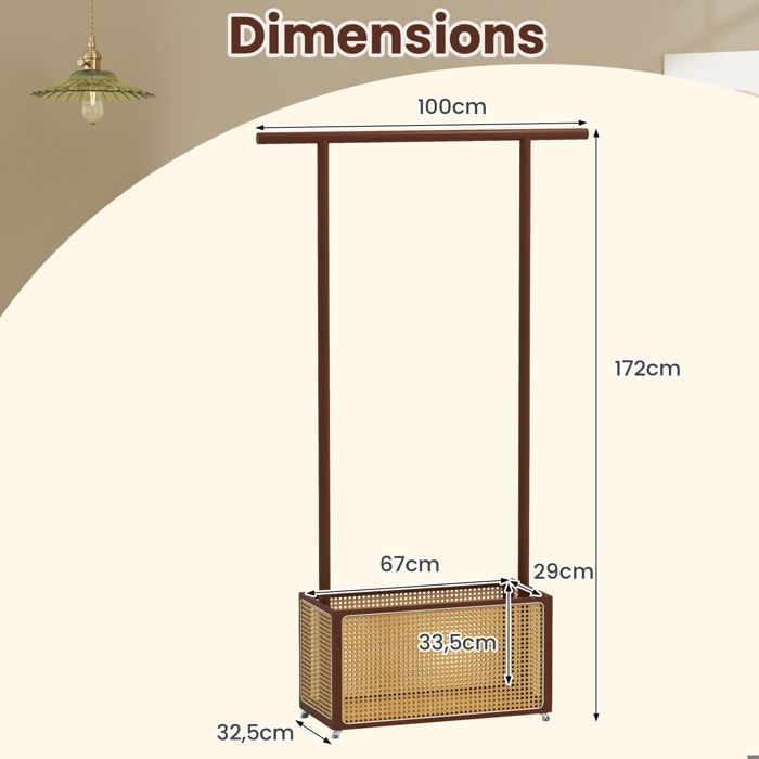 Porte-vêtements Sur Roulettes En Bambou COSTWAY - Avec Panier De Rangement 60L En Rotin PE - Dimensions 100x32.5x172cm - Capacité Charge 20/30kg