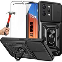 Coque + 2 Verres Trempés pour Xiaomi Redmi 12 5G-4G (pas pour Redmi Note 12), Noir Antichoc Cache Caméra Anti-Rayure Rigide