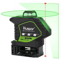 Huepar Niveau Laser Vert 5 Lignes, 1 Plan 360° 2 Points D'Aplomb Haut et Bas, Auto-nivellement, Batterie Li-ion, Outil Laser-6211CG