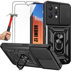 COQUE - BUMPER Coque + 2 Verres Trempés pour Xiaomi Redmi 12 5G-4G (pas pour Redmi Note 12), Noir Antichoc Cache Caméra Anti-Rayure Rigide