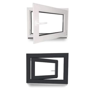 FENÊTRE - BAIE VITRÉE Fenêtre PVC - Triple Vitrage - Tirant droite - Poignée à gauche - Ferrage droite - Blanc & Anthracite - 700x700 mm