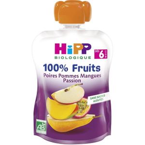 COMPOTE DESSERT FRUITÉ Hipp Bio 100% Fruits Gourde Poires Pommes Mangue Passion +6m 90g