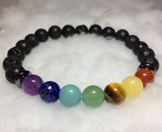 Bracelet 7 Chakras Pierres Naturelles – Lave, Jaspe, Citrine, œil Tigre, Aventurine, Lapis, Améthyste, Quartz – Élastique 19 Cm - 9