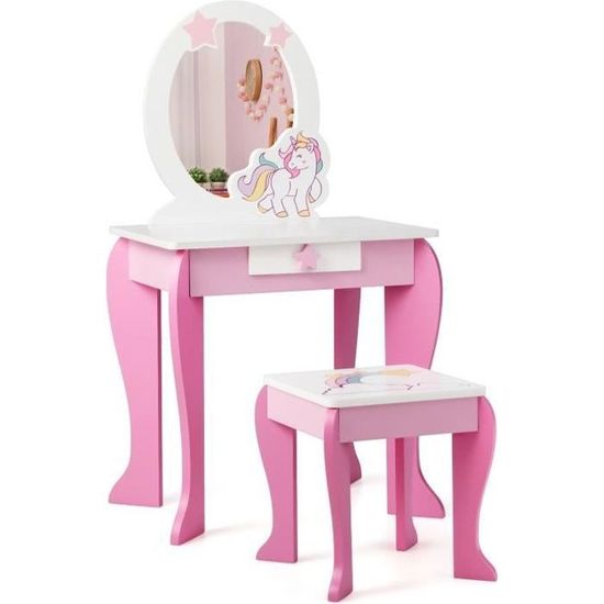 Coiffeuse Enfant Avec Tabouret - Table De Maquillage Fille Avec 7 Accessoires Jeu - Blanc & Arc-en-ciel