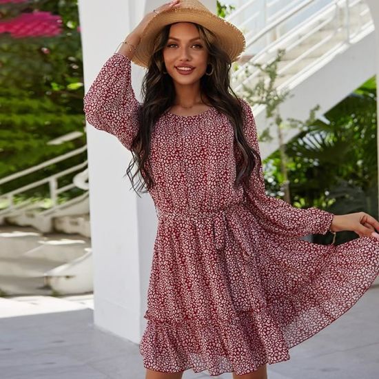 WVONIF Robe Femme Courte Ete Chic Et Elegant Imprimé Floral Boho Elégant Mode Rétro Jupe De Plage Décontracté Col En V Femme Robe Manches Courtes Jupons Robe Bleu Ciel ( Bleu, S