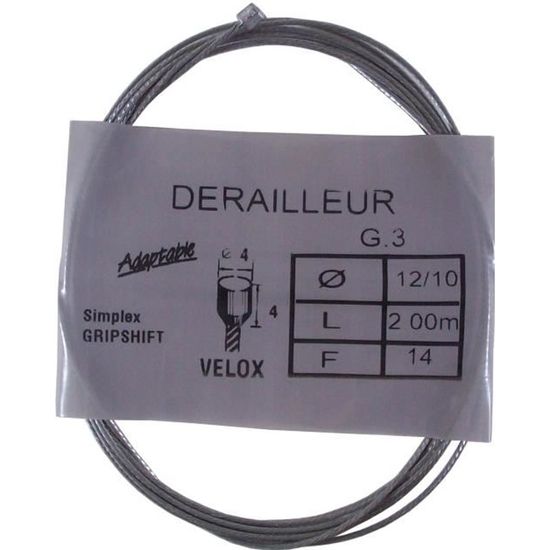 Câble de dérailleur VELOX pour vélo vintage SIMPLEX GRIPSHIFT en acier 2m 1.2mm embout