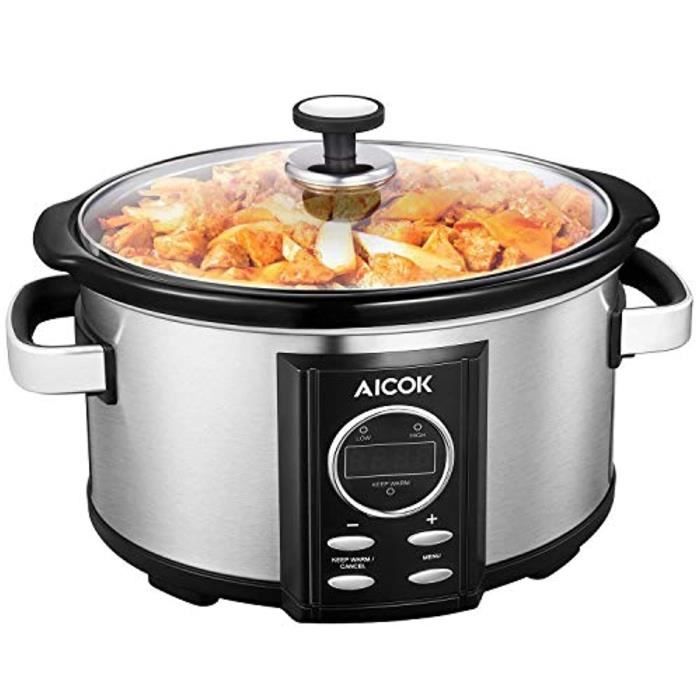 Mijoteuse Électrique, Aicok Slow Cooker de 6,5 L, 3 Niveaux de Cuisson, Distribution Equilibrée de la Chaleur, Couvercle en Verre et