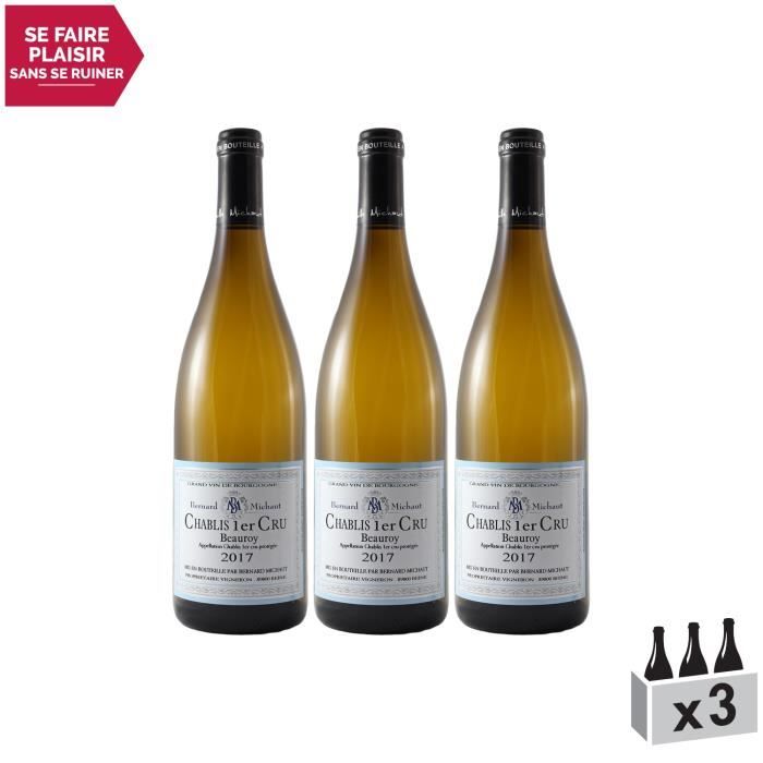 Chablis 1er Cru Beauroy Blanc 2017 - Lot de 3x75cl - Domaine Bernard Michaut - Vin AOC Blanc de Bourgogne - Cépage Chardonnay