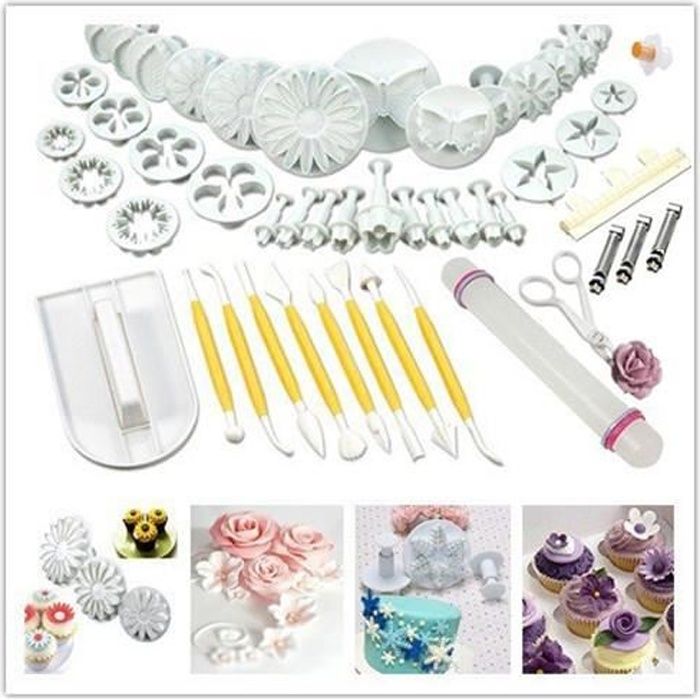Set 74pcs Ustensile Pâtisserie, Emporte-Pièce de Gâteau, Moules et Rouleau à Motif de Décoration Fondant, Pâte à Sucre, Fimo, Masse