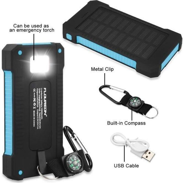 KIN Floureon Batterie Externe 10000mAh Banque d'énergie solaire Portable Chargeur Pour téléphone portable Smartphone Bleue