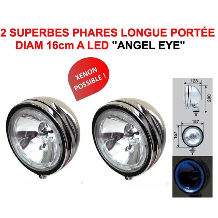 ANGEL EYE! 2 SUPERBES PHARES 16CM LONGUES PORTÉE AVEC CERCLAGE LED ! SERIE LIMITEE CHROMÉE VERRE BLANC ! RAID PREPARATION 4X4