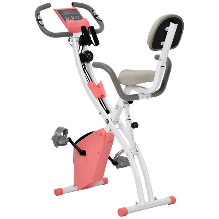 Vélo d'appartement rose pliant 8 niveaux de résistance magnétique dossier selle réglable poignées ergonomiques écran LCD.