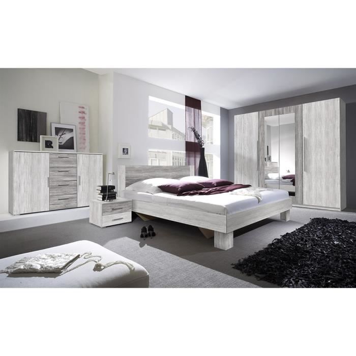 Chambre complète Irina imitation bois gris clair et gris foncé : Lit 160x200 cm + armoire + commode + chevets. 200 Gris