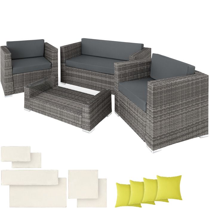 TECTAKE Salon de jardin MUNICH 2 Fauteuils 1 Canapé 1 Table en Résine Tressée structure Aluminium Gris
