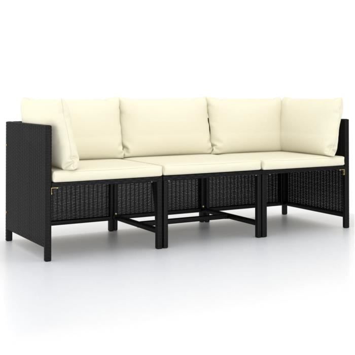 vidaXL Canapé de jardin à 3 places avec coussins Noir Résine tressée,Q253