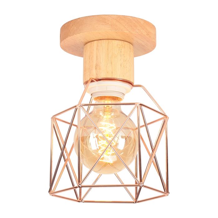 SNOGOLD Plafonnier Industriel Lampe de Plafond Rétro en Métal et Bois Vintage E27 Luminaire Hexagone Cage Or Rose pour Salon